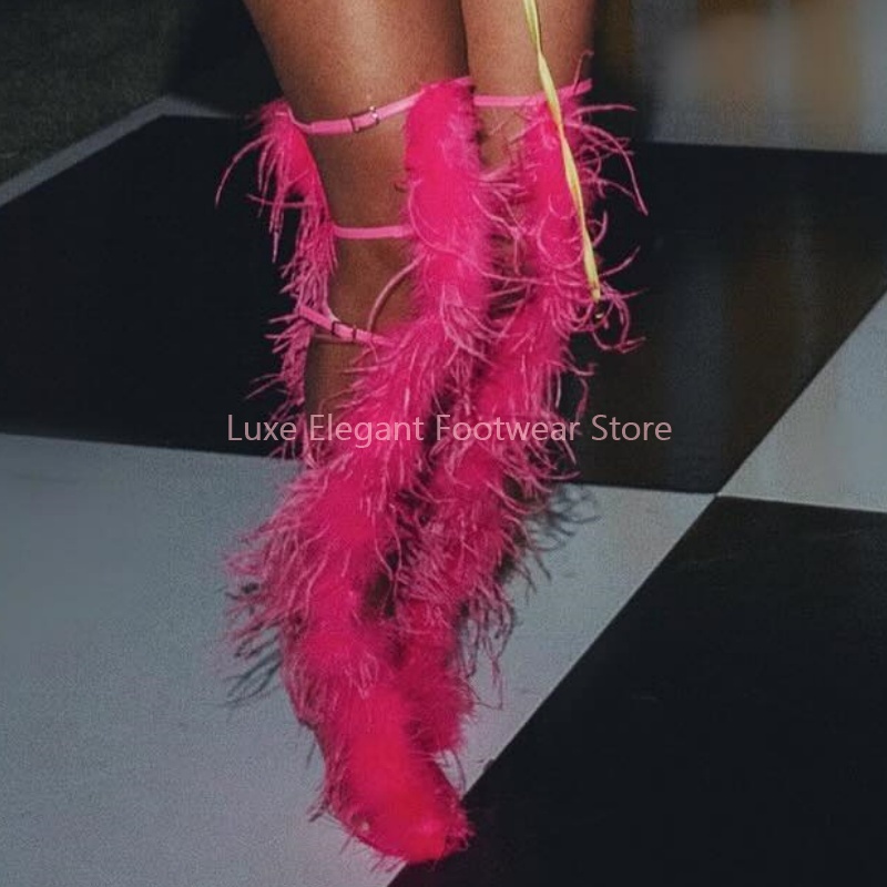 Pink Feather Strappy Hollow Bu - Knee High Boots Women recensie en prijs